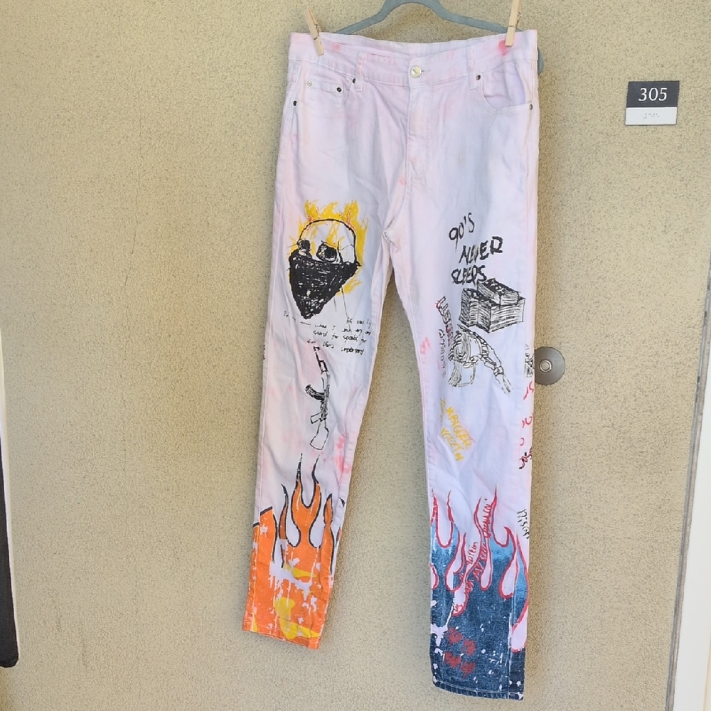 Hand Painted Grunge 90s Women's White Jeans
